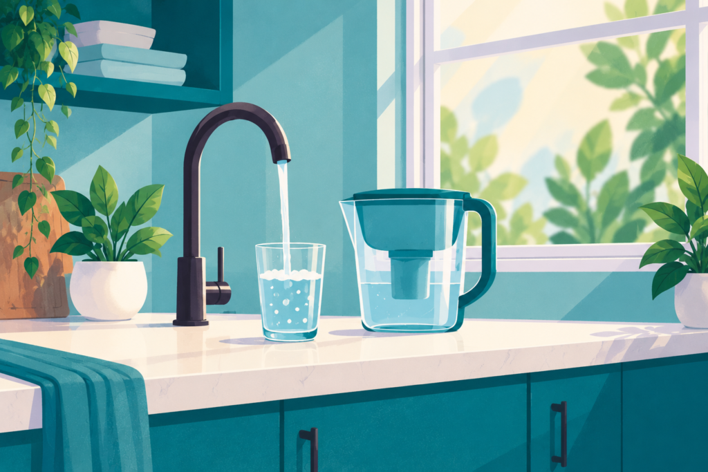 Kitchen tap filling a glass of clean water next to a water filter jug