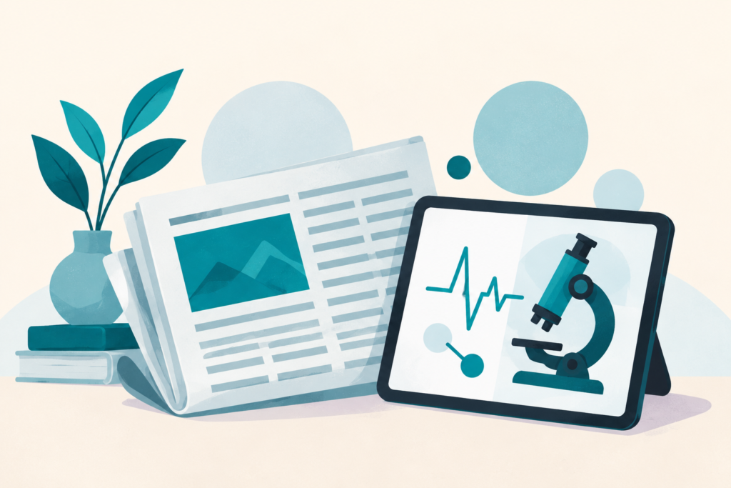 Illustration of a newspaper and tablet with a heartbeat line and microscope