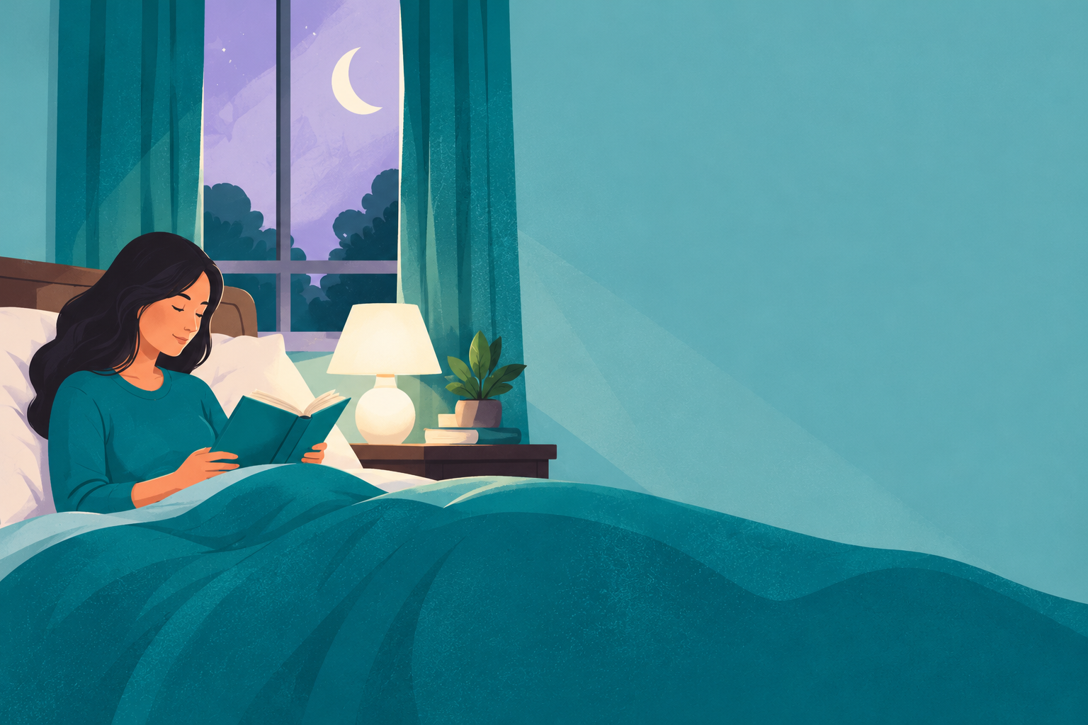 Woman reading a book in bed under a lamp with a crescent moon outside the window